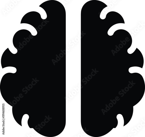 Human brain silhouette icon, left and right hemisphere symbol, intelligence and neuroscience concept, flat black vector illustration isolated