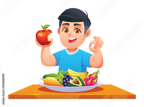 Boy eating a red apple and showing ok sign with plate of tropical fruits. Vector cartoon illustration
