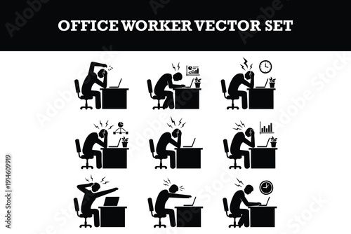 Collection of stressed office worker vector icons showing various workrelated frustrations and fatigue poses in a modern workspace environment