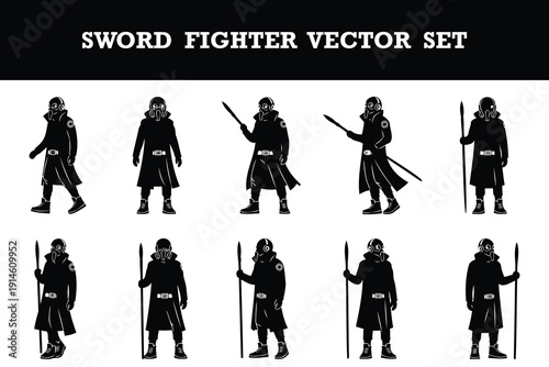 Collection of stylized sword fighter characters in protective gear and gas masks holding spears and swords vector set