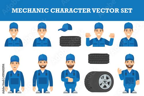 Cute cartoon mechanic character vector set featuring happy workers and tire illustrations perfect for automotive industry designs