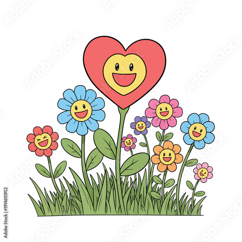 A vibrant cartoon illustration of smiling flowers and a heart in a lush green garden viewed from a slight angle