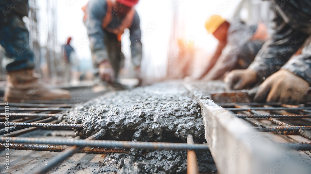 Naklejka premium Construction Workers Pouring Concrete Foundation.