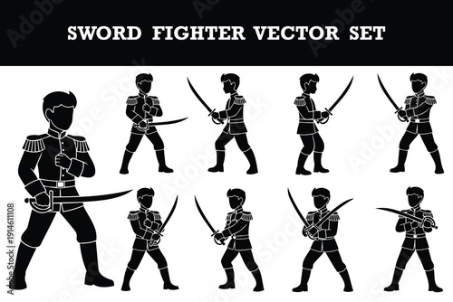 Cute cartoon sword fighter vector set featuring various dynamic poses with swords and uniforms