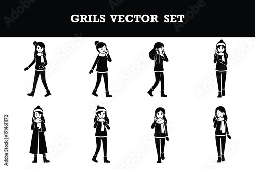 Cute cartoon vector illustrations of young girls in winter clothing and accessories set isolated collection
