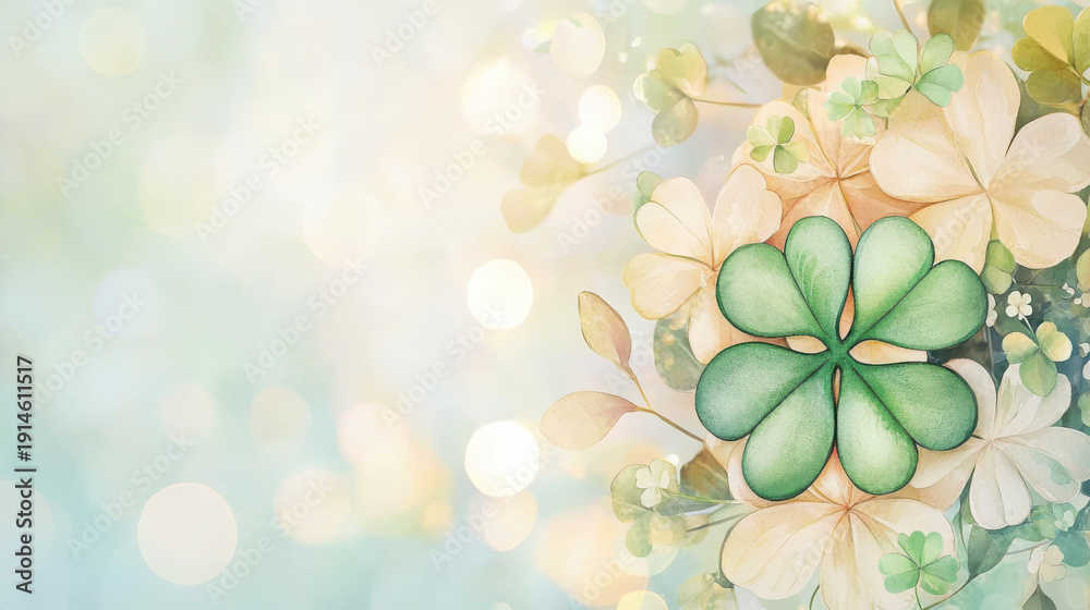 Obraz premium Beautiful arrangement of green and beige clovers, including four leaf clover, symbolizing Saint Patrick Day with soft bokeh