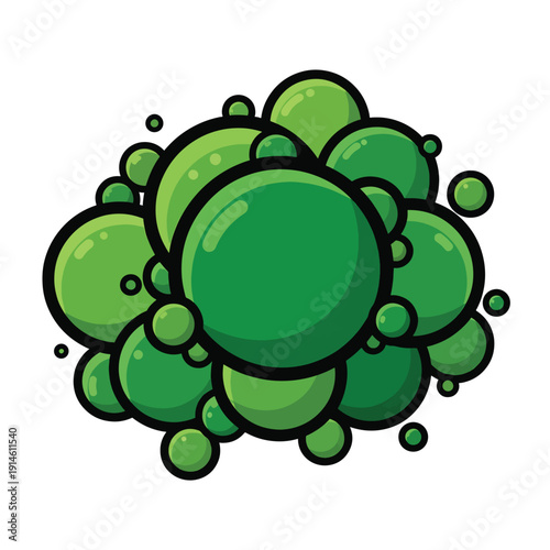 Cluster of green bubbles in a cartoonish illustration, showcasing varying sizes and shades of green, from light to dark, in a visually appealing composition