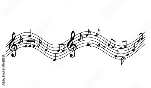 Flowing Music Notes Wave with Treble Clef on Stave Lines Vector Illustration Isolated on White