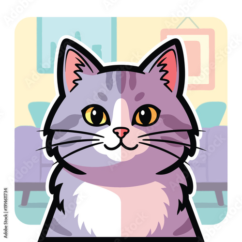 A whimsical cartoon cat sits on a couch in a living room with vibrant decor and furniture, viewed from the front, inspired by gambarku.