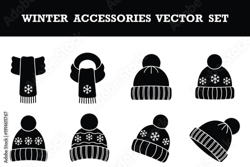 Cute winter accessories vector set featuring scarves and beanies with snowflakes and pompoms design
