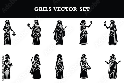 Traditional indian women in saree vector illustration set showing various poses and activities isolated collection