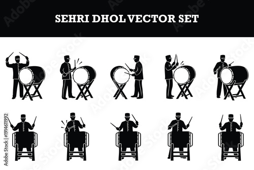 Traditional sehri dhol drummers vector illustration set showing musicians playing drums in various poses and styles