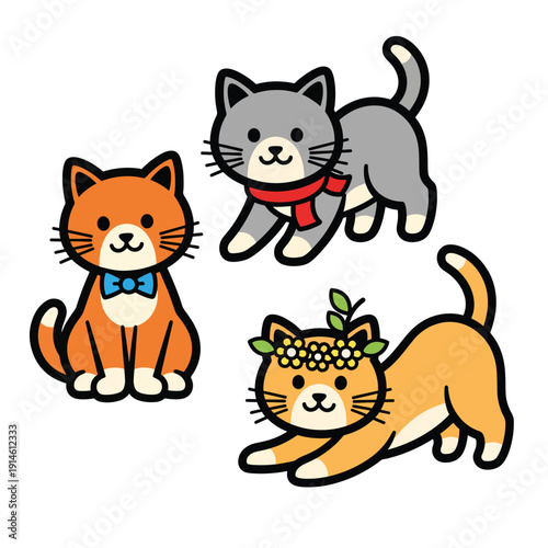 Three cats with different accessories sitting and standing in a clean white environment from a straightforward viewpoint
