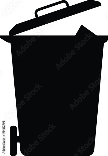 Black silhouette of wheeled trash bin with open lid, upright design featuring handle and wheels for household waste disposal, recycling, and sanitation services
