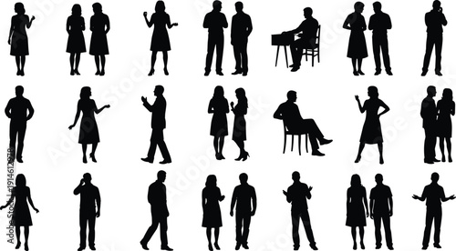 Collection of black human silhouettes in diverse poses including standing, walking, sitting, and gesturing, representing social interaction and communication for design and studies