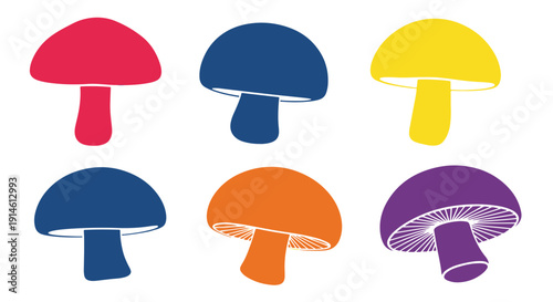 Colorful Collection of Stylized Fungi with Smooth and Gilled Caps in Red Blue Yellow Orange and Purple Isolated on a Dark Setting