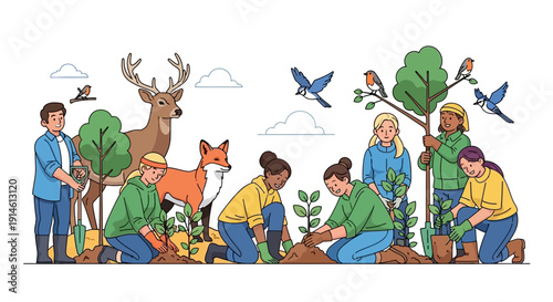 Diverse group of people planting trees and gardening together outdoors.