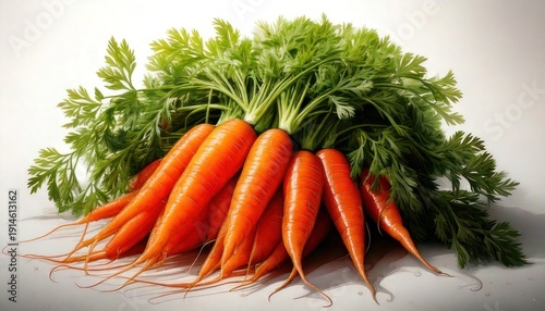 Fresh carrots with green tops on a white surface.