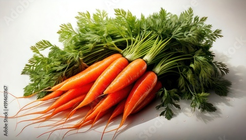 Fresh Carrots with Green Tops on White Background.