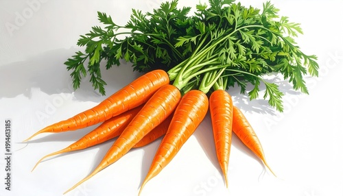 Fresh Carrots with Green Tops on White Background.