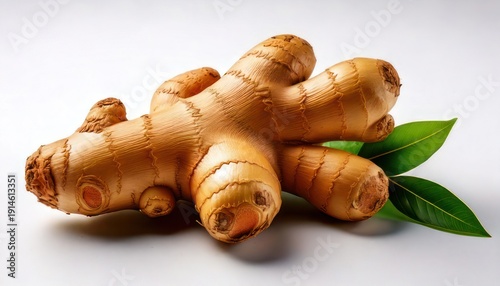 Fresh Ginger Root with Green Leaves on White Background.