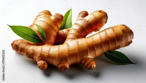 Fresh Ginger Root with Green Leaves on White Background.