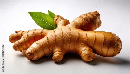 Fresh Ginger Root with Green Leaves on White Background.