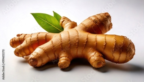 Fresh Ginger Root with Green Leaves on White Background.