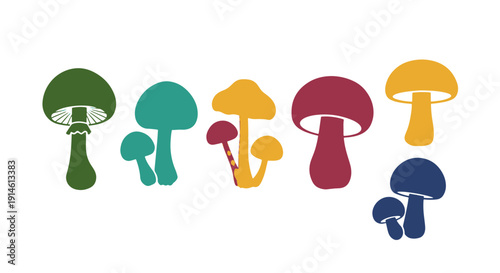 A Vibrant Collection of Stylized Fungi in Various Colors and Forms Presented in a Playful Modern Aesthetic