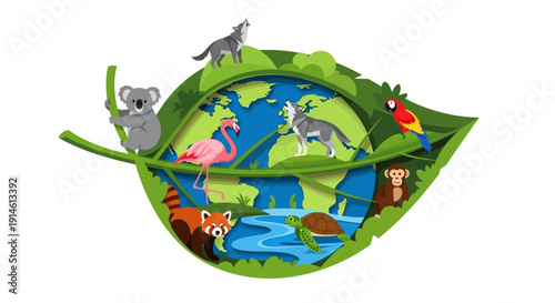 Global wildlife conservation illustration with diverse animals on a leaf.