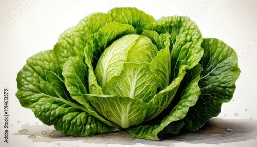 Fresh Green Cabbage Head with Crisp Leaves on White Background.