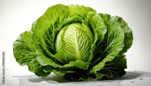 Fresh Green Cabbage Head with Crisp Leaves on White Background.