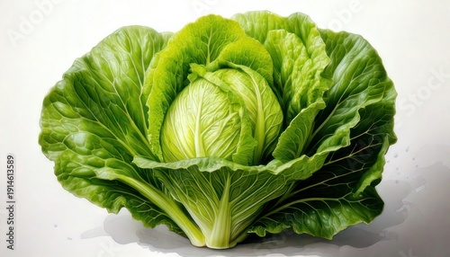 Fresh Green Cabbage Head with Outer Leaves on White Background.