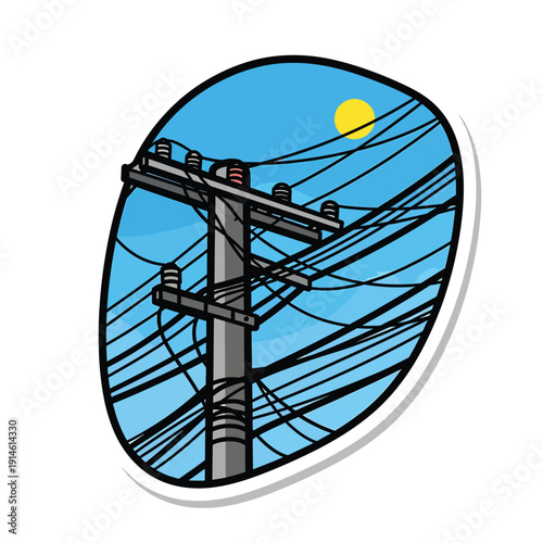 Electricity transmission tower with multiple power lines and insulators against a clear blue sky with a sunny day illustration
