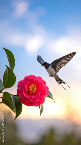 Swallow bird flies to a pink flower against soft blue and orange pastel sunset sky