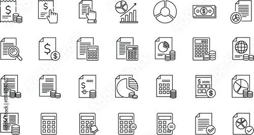 Professional Accounting Icon Set Featuring Financial Reports, Tax Auditing Documents, Business Analytics Charts, Calculators, I
