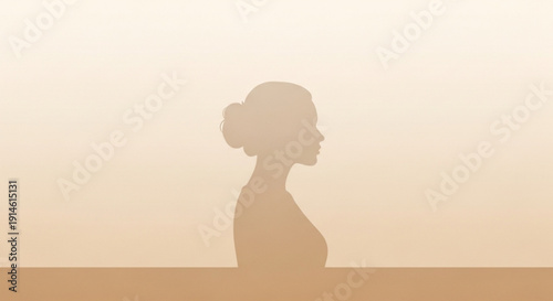 Woman silhouette standing alone in soft beige background with gradient sky