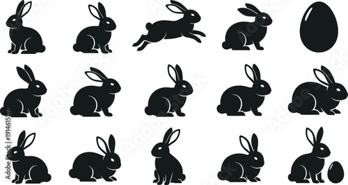 Collection of Easter bunny silhouettes, jumping and sitting rabbit icons, spring holiday animals, Easter egg symbols, festive nature vector set