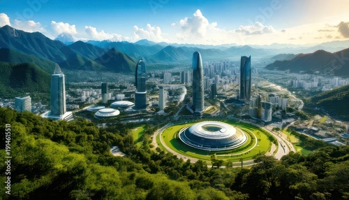 Futuristic Cityscape Nestled in Lush Green Mountains - A Vision of Tomorrow.
