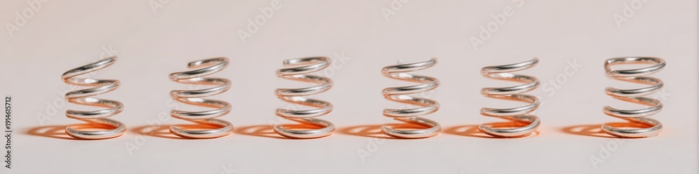 Naklejka premium Automotive suspension springs row on light background for spare parts marketing catalog, industrial helical steel coils with soft pink and grey highlights