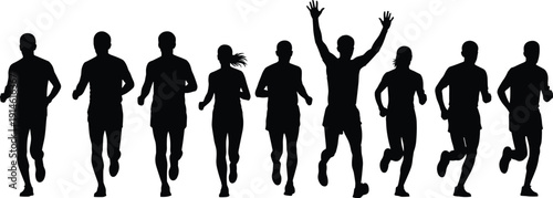 Silhouettes of marathon runners, group of people running race, athletic men and women jogging, fitness exercise, outdoor sports competition training