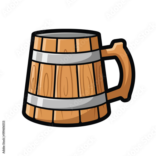 A wooden beer mug with metal bands and a handle, illustration, object view, isolated on a plain background, referencing gambarku (147).eps