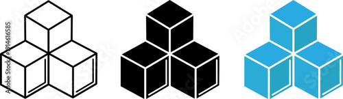 Three sets of cubes in different colors and line styles for design