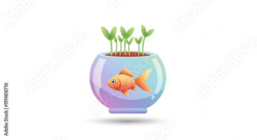 Vibrant goldfish swims in planter with green seedlings growing