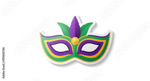 Vibrant mardi gras masquerade mask with purple green and yellow design on white background for festive celebrations