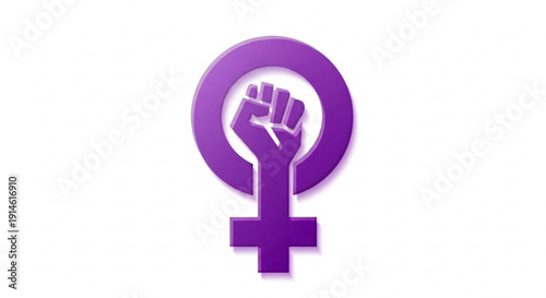 Purple feminist symbol with raised fist and venus sign on white