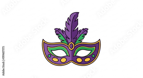 Vibrant purple mardi gras mask with green accents and feathers isolated on white background for carnival celebrations