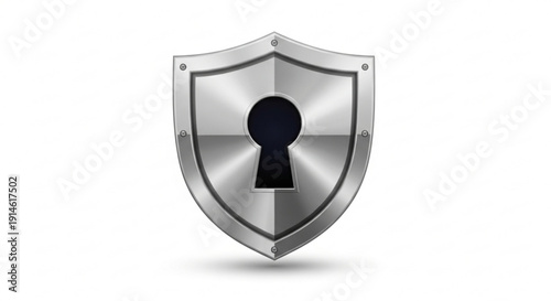 Metal shield with keyhole on white background symbolizing security and protection