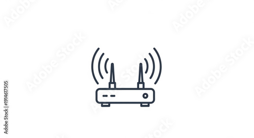 Wireless router with two antennas transmitting signal on white background simple line art illustration