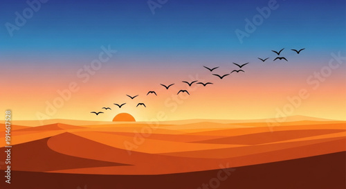 Flock of Birds Flying over Desert Dunes during Sunset, Vector Illustration